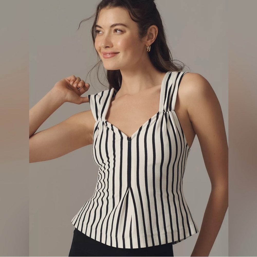 Maeve | Anthropologie Fit and Flare Top Black White Striped Smocked Tank Size M